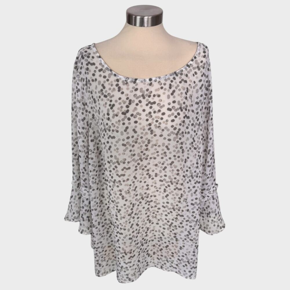 Lane Bryant Womens Plus Size 24 White Brown Bell Sleeve Sheer Dotted Blouse